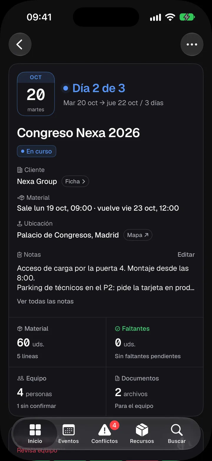 Fitxa de l’esdeveniment Congreso Nexa 2026 a l’app de Bakenta per a iPhone: dia 2 de 3, client, horari del material, ubicació i notes, i 60 unitats sense mancances.