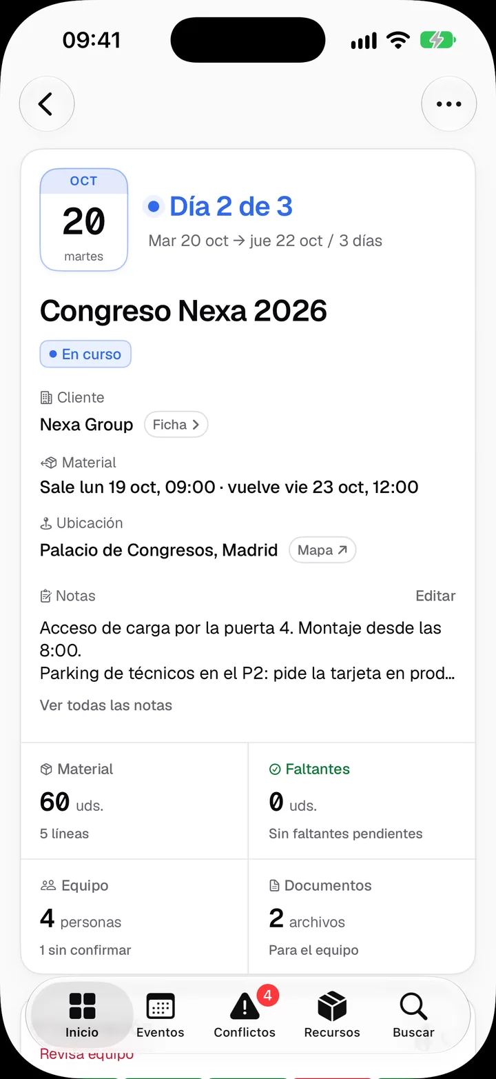 Fitxa de l’esdeveniment Congreso Nexa 2026 a l’app de Bakenta per a iPhone: dia 2 de 3, client, horari del material, ubicació i notes, i 60 unitats sense mancances.
