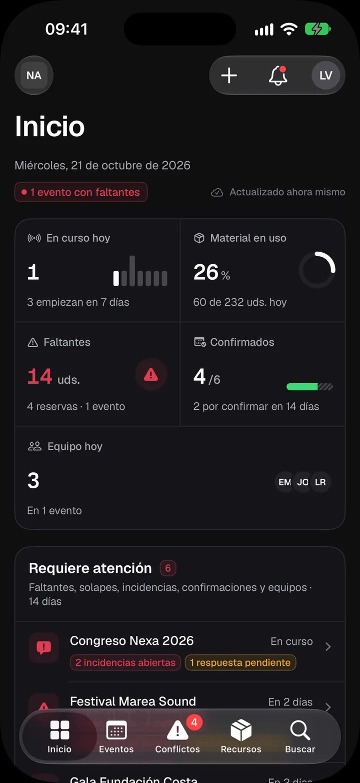 Inici de l’app de Bakenta per a iPhone: un esdeveniment en curs, 26 % del material en ús, 14 unitats en mancança i la llista del que requereix atenció.