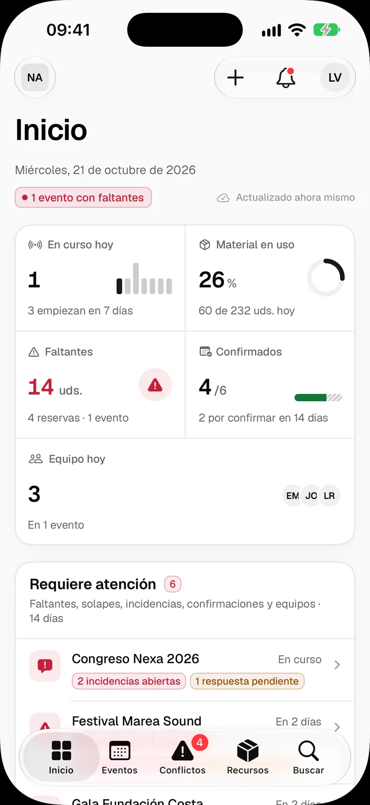 Inici de l’app de Bakenta per a iPhone: un esdeveniment en curs, 26 % del material en ús, 14 unitats en mancança i la llista del que requereix atenció.
