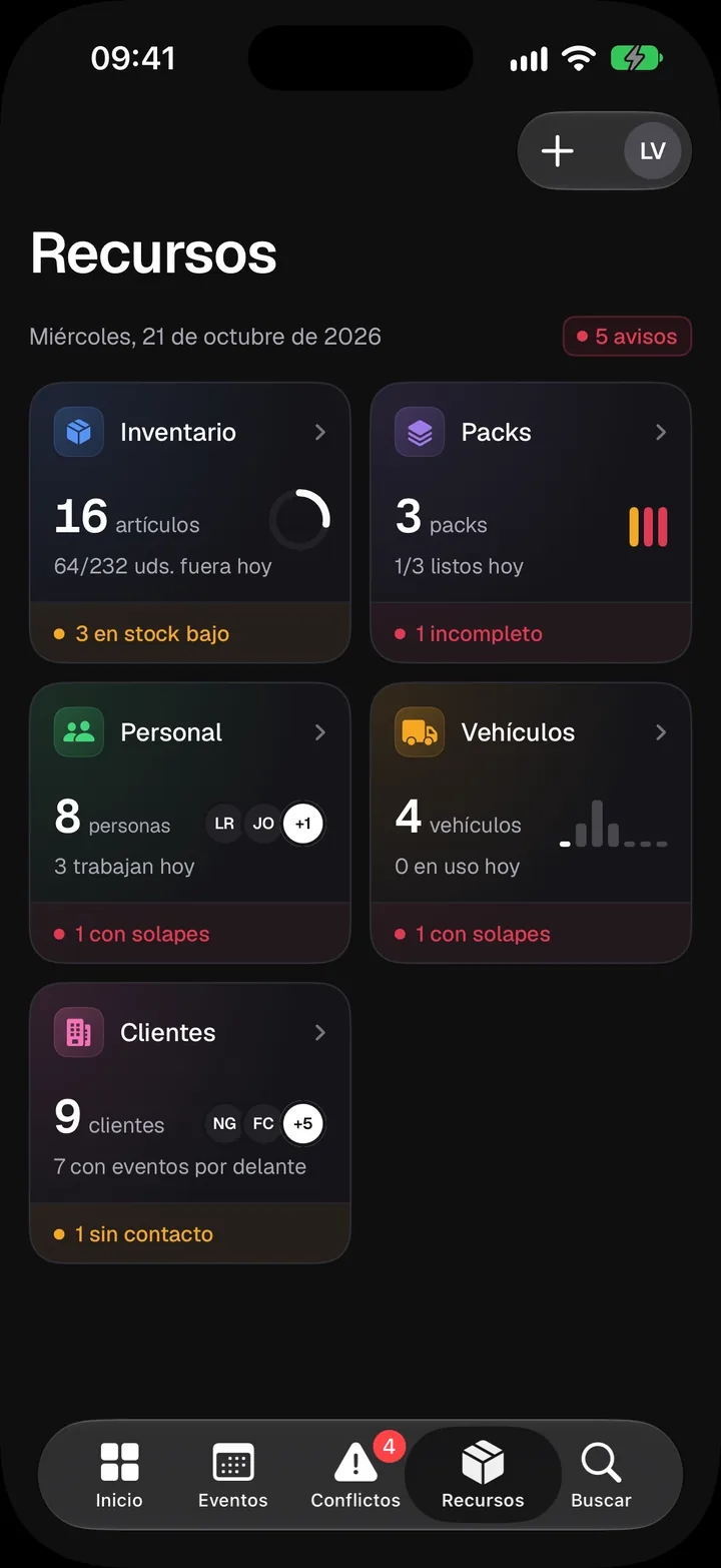 Recursos a l’app de Bakenta per a iPhone: 9 clients, inventari amb 16 articles, 3 packs i la plantilla.