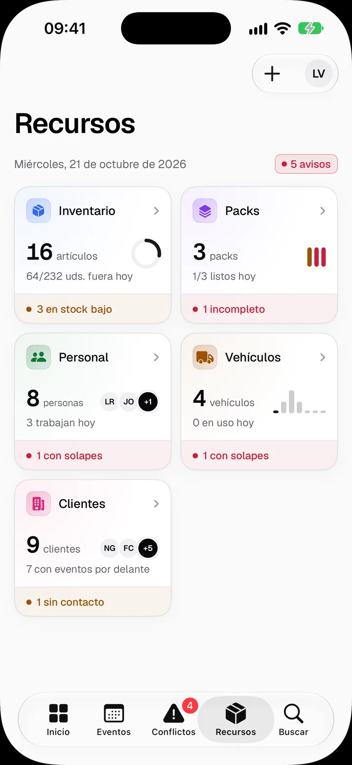 Recursos a l’app de Bakenta per a iPhone: 9 clients, inventari amb 16 articles, 3 packs i la plantilla.