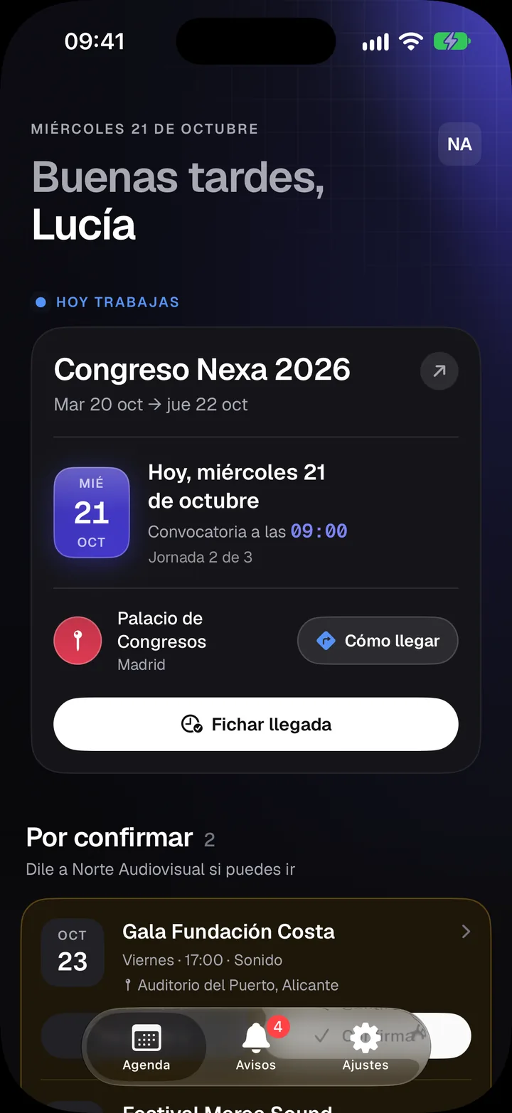 App de Bakenta per a iPhone: l’agenda d’una tècnica, amb la jornada d’avui, el botó per fitxar l’arribada i dos esdeveniments per confirmar.
