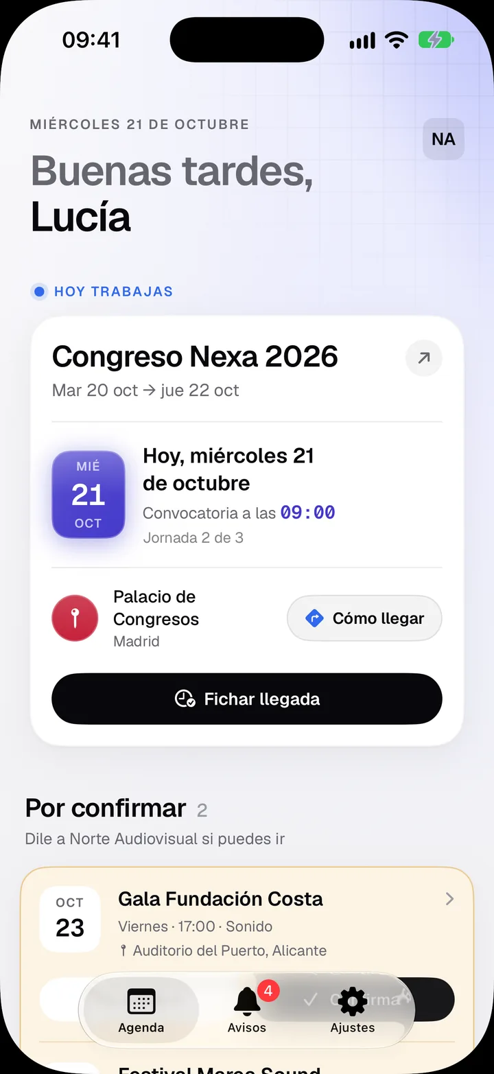 App de Bakenta per a iPhone: l’agenda d’una tècnica, amb la jornada d’avui, el botó per fitxar l’arribada i dos esdeveniments per confirmar.