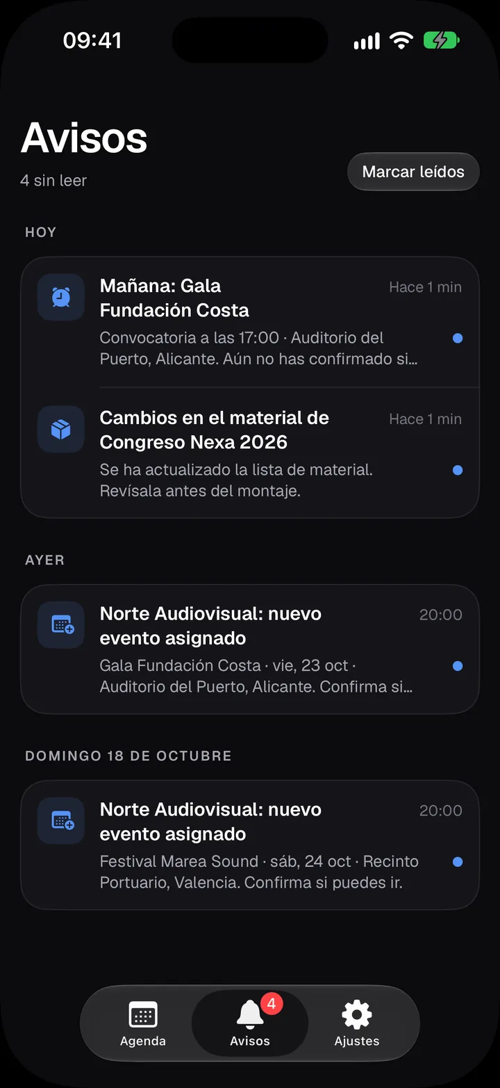 Avisos a l’app de Bakenta per a iPhone: un recordatori de la gala de demà, un canvi en el material i dos esdeveniments nous assignats.