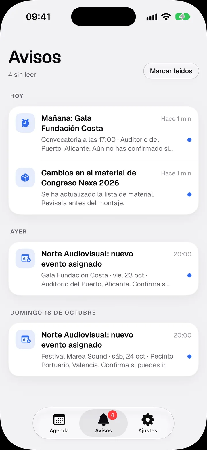 Avisos a l’app de Bakenta per a iPhone: un recordatori de la gala de demà, un canvi en el material i dos esdeveniments nous assignats.